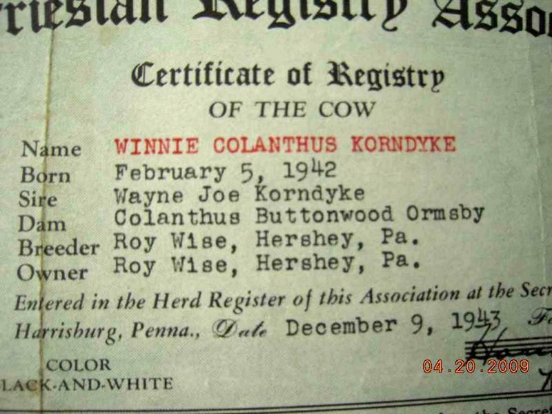 1943 vintage COW REGISTRATION roy wise HERSHEY PA cert.  