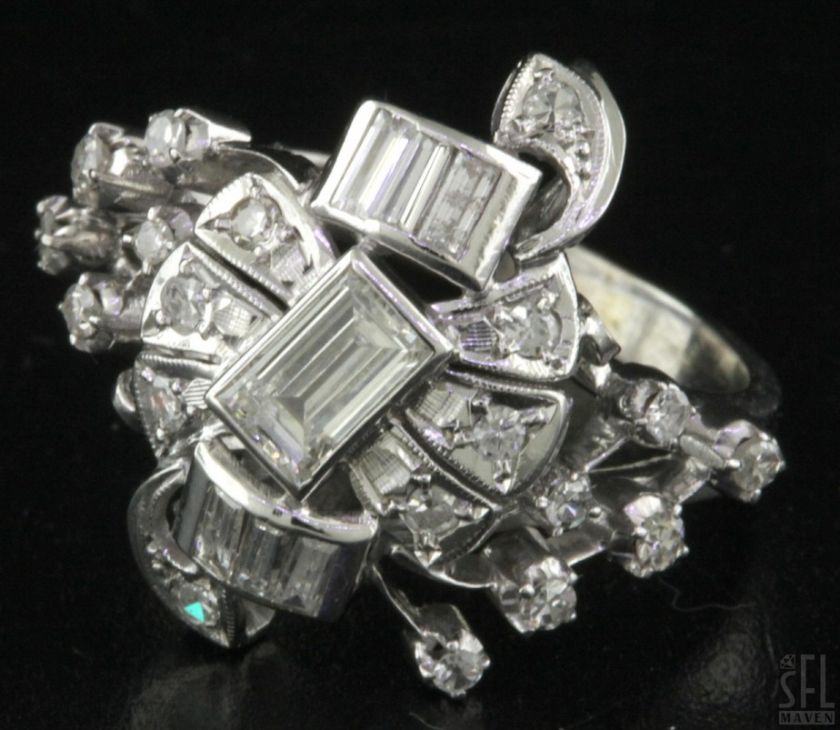 VINTAGE 18K WHITE GOLD RETRO 1.18CT DIAMOND CLUSTER COCKTAIL RING SIZE 