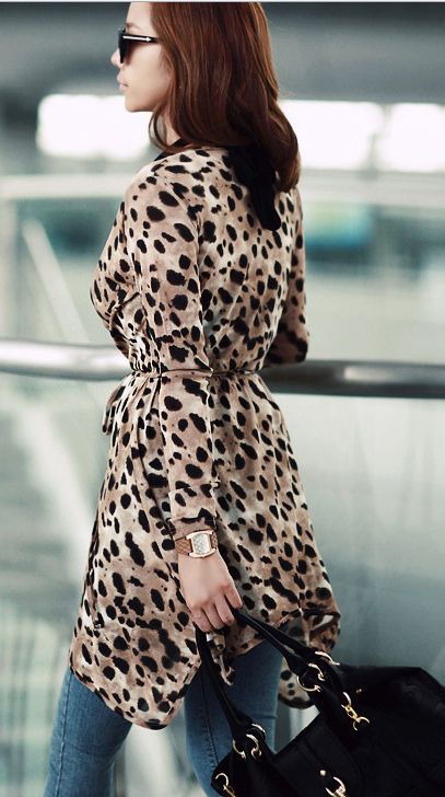 FQ SEXY LEOPARD GAUZE ASYMMETRIC COAT BELT 1538  