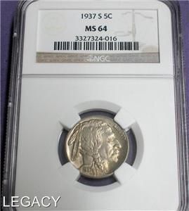 1937 S BUFFALO NICKEL NGC MS64 GREAT EYE APPEAL (RS  