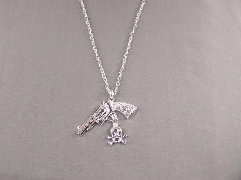 Silver crystal gun pistol 9mm pendant long necklace NEW  