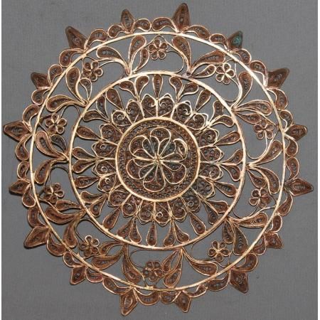 VINTAGE HAND MADE ALBANIAN COPPER FILIGREE FLORAL ART PLATE  