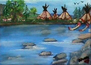 ACEO Original Art Canvas Painting Indian Village Lake  