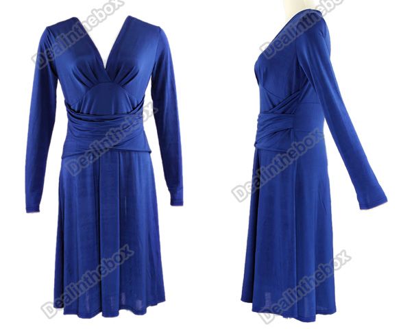 Fashion Women Princess Kate Silky Blue Pleated Waisted Slim V Neck 