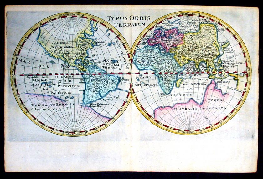 1661 Cluver Antique Twin Hemisphere World Map Typus Orbis Terrarum 