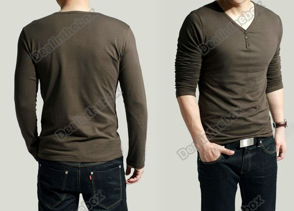 Stylish Mens Slim Lycra Deep V Neck Long Sleeves T Shirts Tunic 