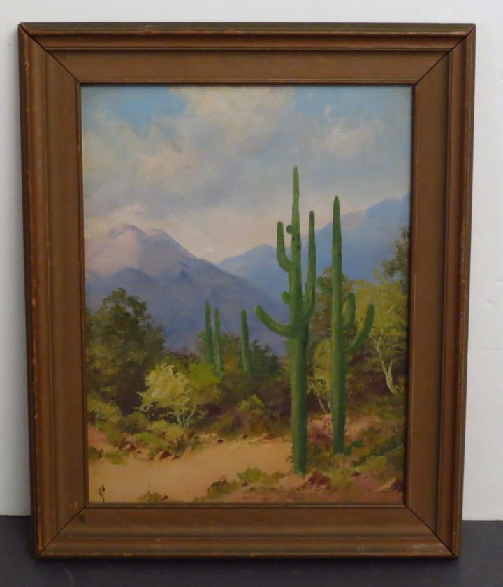 Willard J Page Oil Painting  Giant Cactus  Western Desert Landscape 