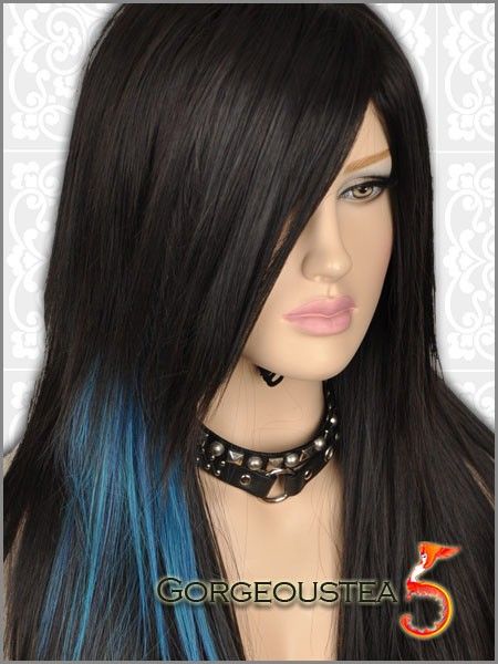 GW172 Black Mixed Blue Punk Straight Long Gothic Wig  