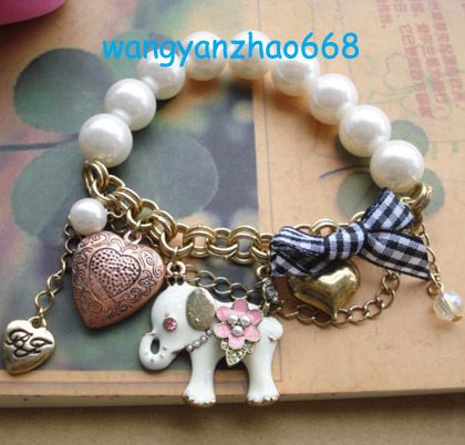 Betsey ~Johnson White Pearl Elephant Heart Pendant Bell Stretchy 