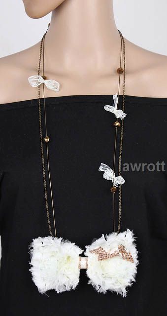 new white sweet angel bowtie bling bead chain necklace  