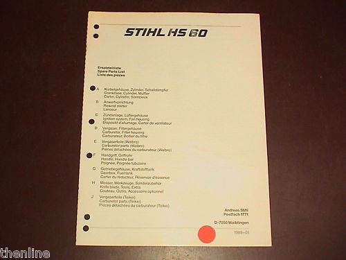 STIHL Hedge Trimmer Spare Parts List Manual HS 60 HS60  