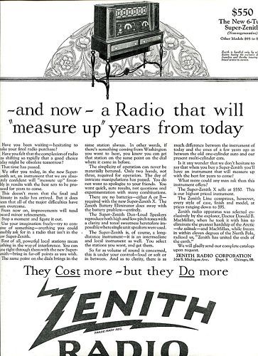 1924 Six Tube SUPER ZENITH RADIO Ad. Non regenerative  