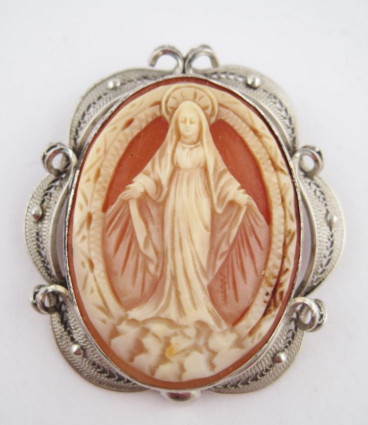 Fine Sterling Silver Filigree Virgin Mary Cameo Brooch  