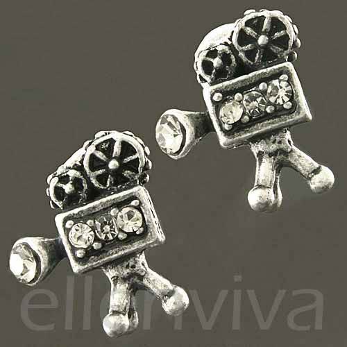 Retro Hollywood Movie Camera Rhinestone Earrings Vintage Silver Tone 