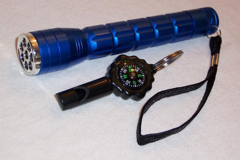 LED BLUE FLASHLIGHT & COMPASS WHISTLE COMBO PACK  