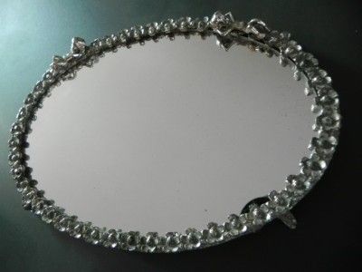 Vtg Vanity Dresser Reclining Cupids Silver Plate Floral Oval Mirror 