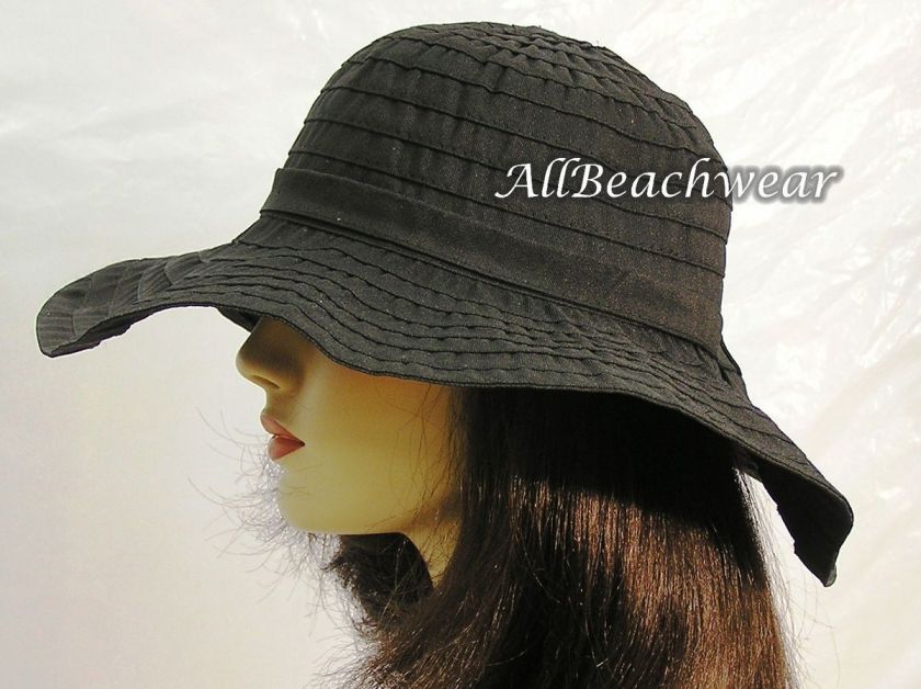 New Floppy Scala Sewn Ribbon Beach Sun Hat Black UPF 50  