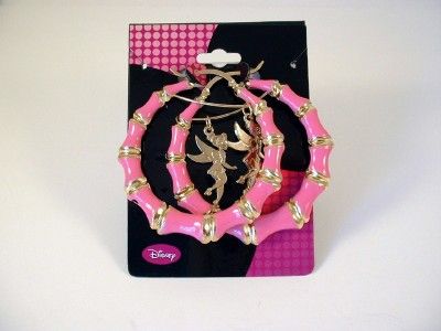 DISNEY SILVER BLACK or GOLD PINK TINKER HOOP EARRINGS  