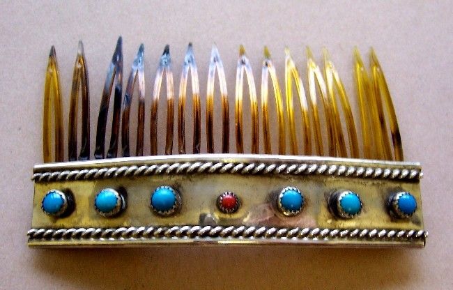 Vintage Mexican turquoise coral silvertone hair comb  