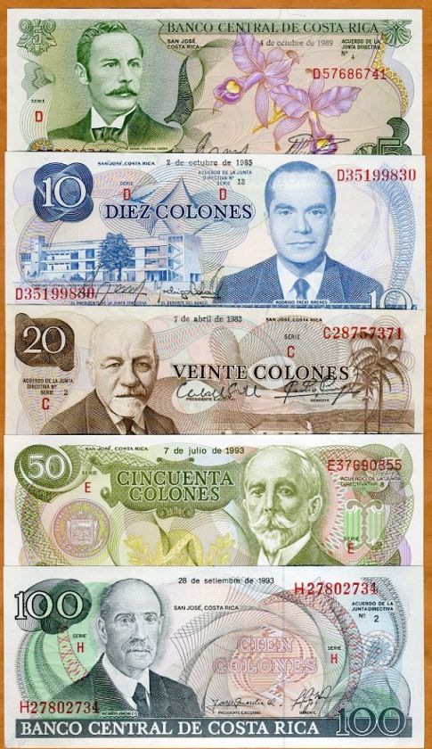 Costa Rica, Obsolete Set, 5;10;20;50;100 colones, UNC  