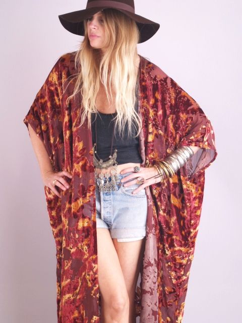 Vtg 70s TIE DYE VELVET SHEER Silk Burnout Draped KIMONO Cape Maxi 