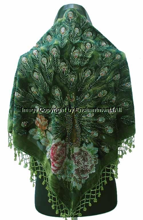 Beaded Triangular Silk Velvet Peacock Scarf Shawl Olive  