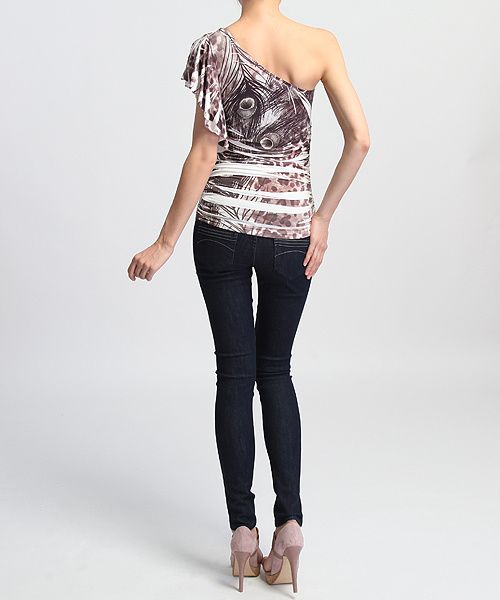 MOGAN Peacock Print Flutter One Shoulder RUCHED TOP Sublimation Fitted 