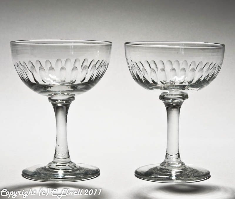 Pair Lens Cut Champagne Glasses   Victorian Period  