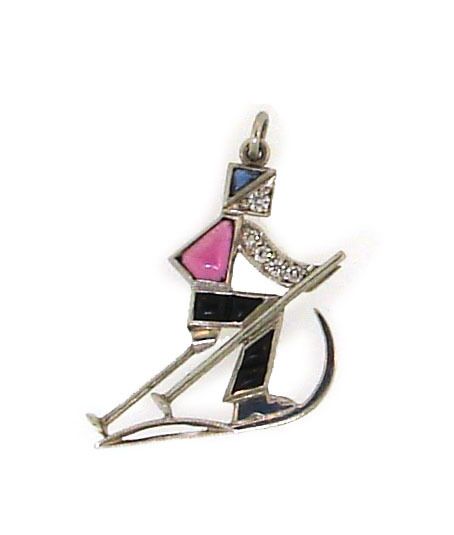 FUN SKIER DIAMOND RUBY SAPPHIRE PLATINUM CHARM PENDANT  