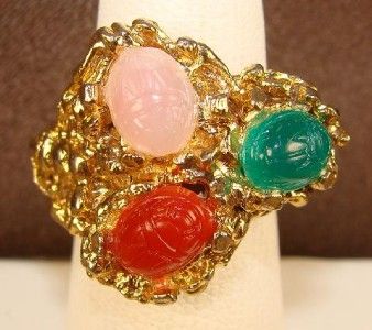 Vtg Chunky Goldtone Pink Green Red Scarab Ring  