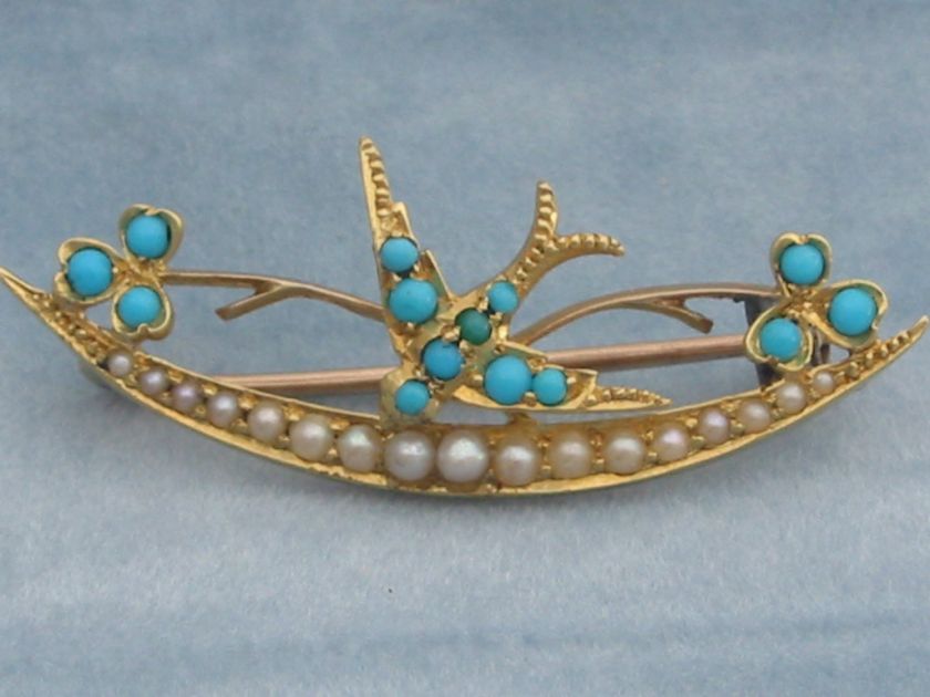 ANTIQUE VICTORIAN 18CT GOLD SWALLOW SHAMROCK TURQUOISE SEED PEARL PIN 