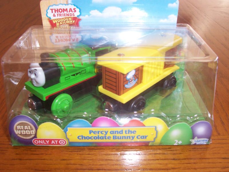   Wooden Train Percy and Mr. Jollys Chocolate Factory Bunny Box Car Lot