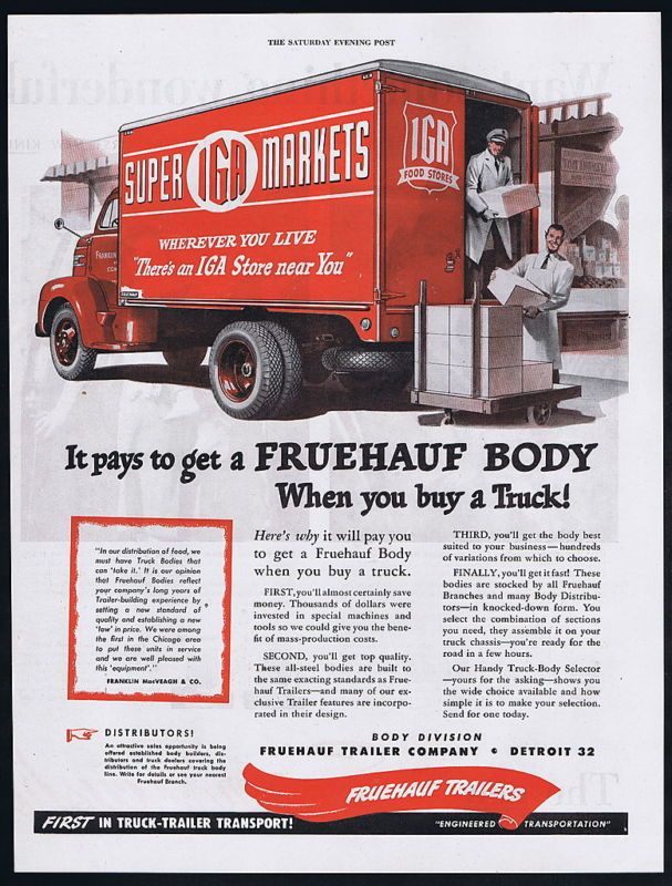 1948 IGA Supermarket Fruehauf Truck Trailers Ad  