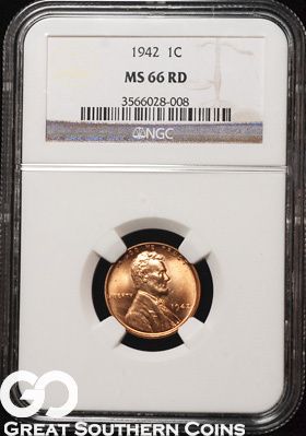 1942 NGC Lincoln Cent Penny NGC MS 66 RED  