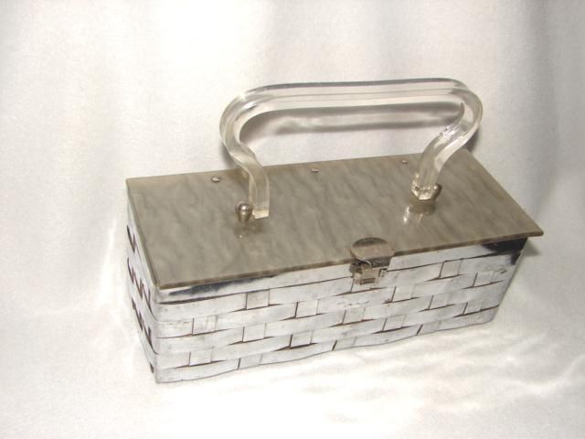 Vintage Metal Box Handbag Purse with Lucite Handle  