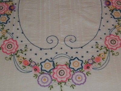 Antique Hand Embroidery Applique Spring FLORAL Seersucker Bedspread 