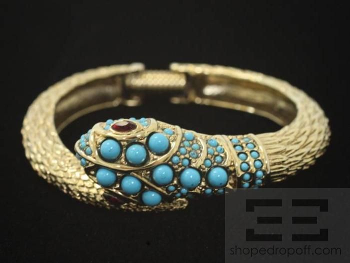 Kenneth Lane Gold Tone & Turquoise Jeweled Snake Bracelet  