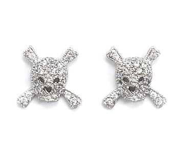 Rhodium 925 Sterling Silver CZ Gothic Skull Post earrin  