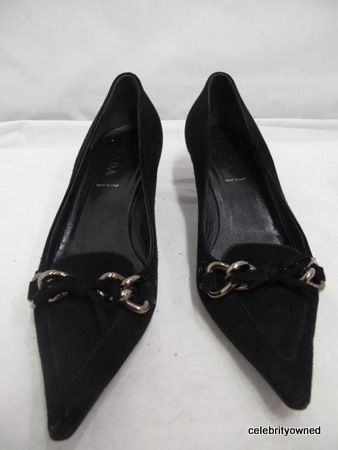 Prada Black Suede Silver Chain Point Toe Low Heels 37  