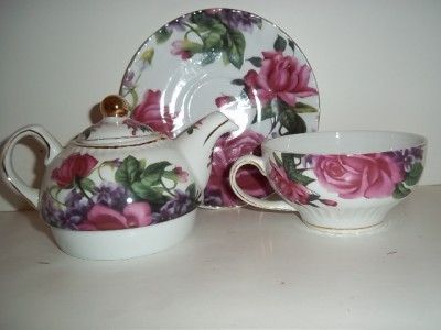 ROSE FLOWER CERAMIC TEA POT TEAPOT MUG CUP VICTORIAN  