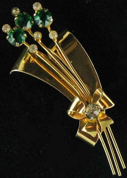 VINTAGE CORO STERLING EMERALD RS FLOWER SPRAY BROOCH  