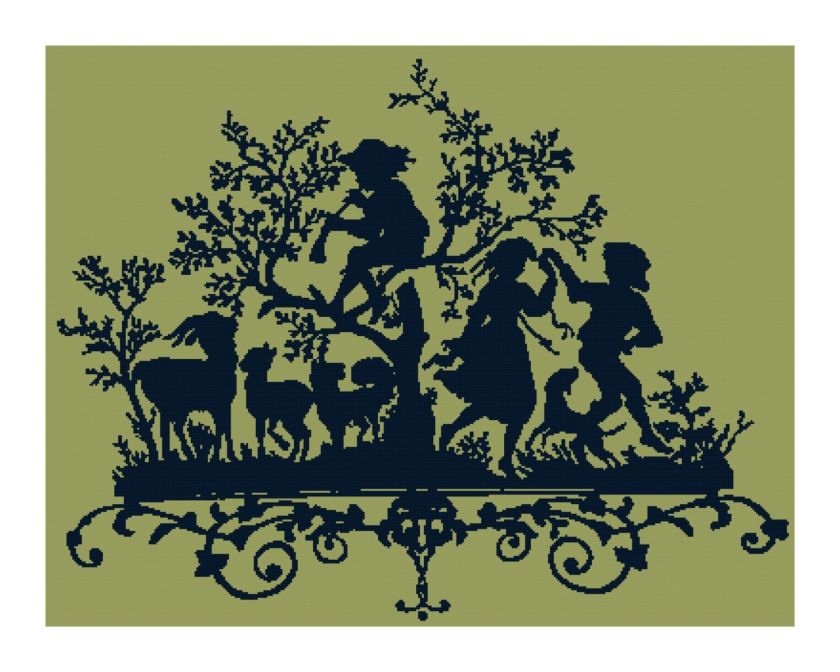 Boy with Flute in Tree Silhouette Cross Stitch Pattern  