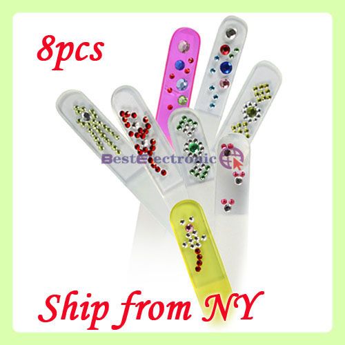 8pcs Crystal Glass Nail File Files Durable w Rhinestone  