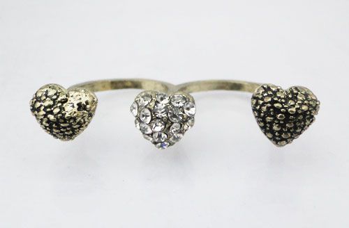 Retro Style Crystal Three Hearts Adjustable Double Finger Ring JR135 