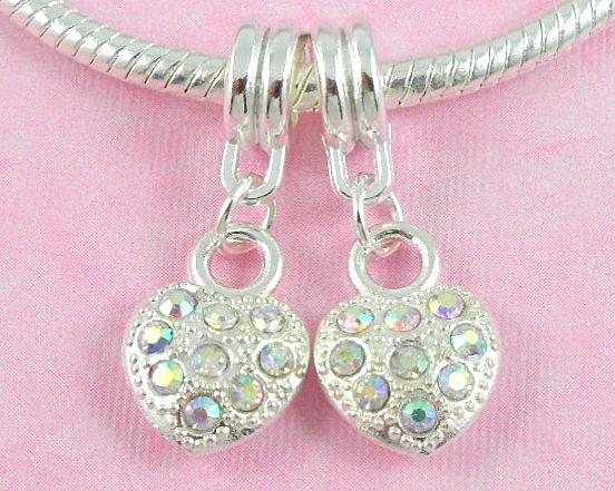   Silver Plated Charm Heart Dangle Inlay Crystal Fit Bracelet E07  