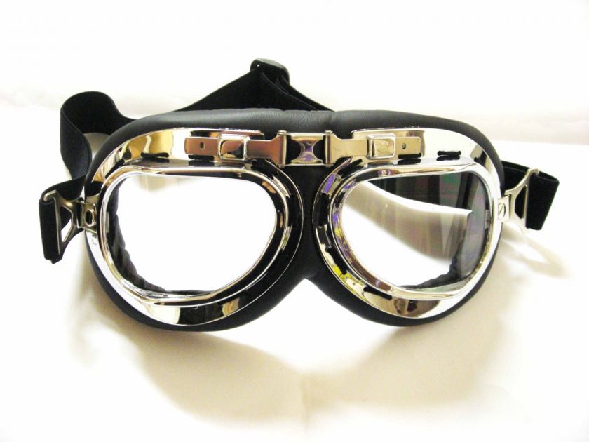 MOTORCYCLE PILOT GOGGLES WITH CHROME FRAME & CLEAR LENS