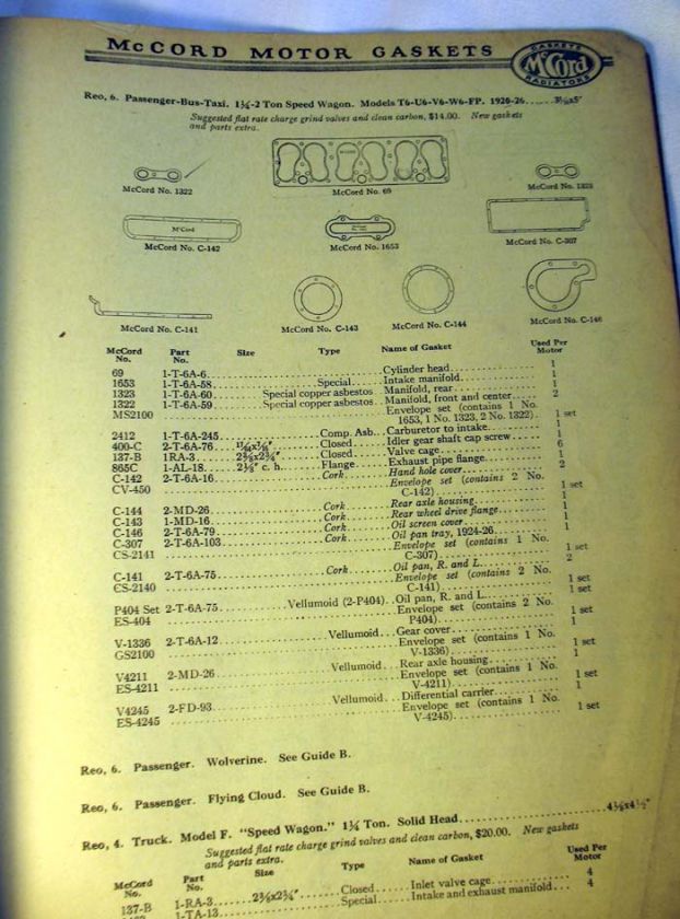 McCord GASKET GUIDE Cars Trucks Tractors ASBESTOS 1927  