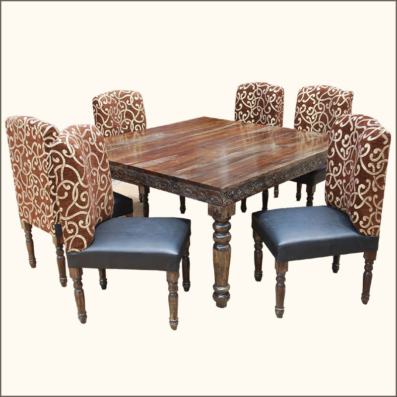 7pc Unique Solid Wood Hand Carved Dining Room Table & Chairs Set 