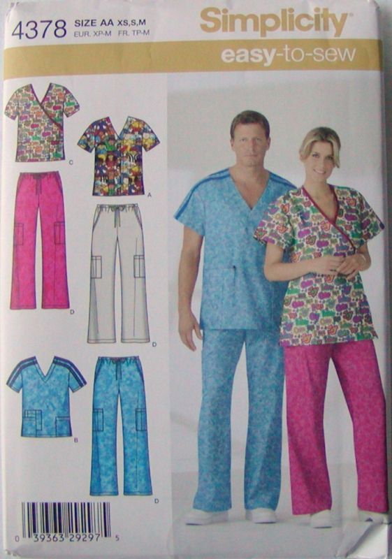 Simplicity Pattern 4378 Unisex Scrubs Uniform Top Pants Missses Mens 