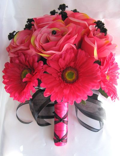 10 pc Wedding Bouquet flowers PINK FUCHSIA BLACK DAISY  